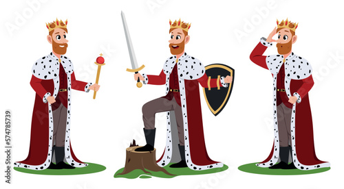 Vector illustration of a cute and handsome king on a white background. Charming character of a king in a royal robe standing with a royal scepter, with a shield and a sword, saluting in cartoon style.