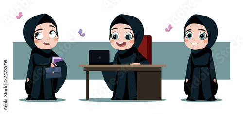 Vector illustration of a cute and beautiful girl in a hijab on a white background. Charming Muslim girl characters in hijab: with briefcase and books, sitting at laptop, standing and in cartoon style.