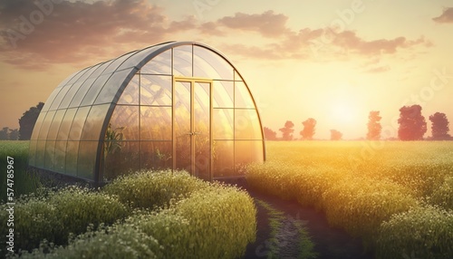 beautiful small greenhouse against the backdrop of nature in the rays of sunset. generative AI