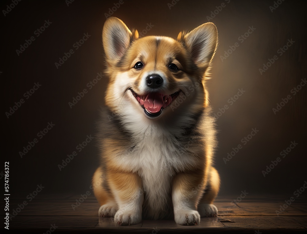 Portrait of happy and smiling cute corgi puppy dog on dark background. Generative AI. Portrait of happy and smiling cute corgi puppy dog on dark background. Generative AI.