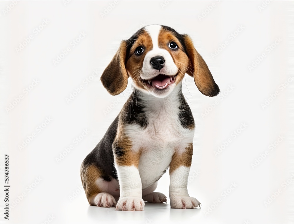 Portrait of happy and smiling cute puppy dog isolated on white background. Generative AI.