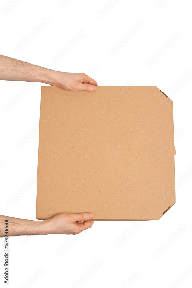 male hands with a cardboard box of pizza, delivery male hands with a cardboard box of pizza, delivery