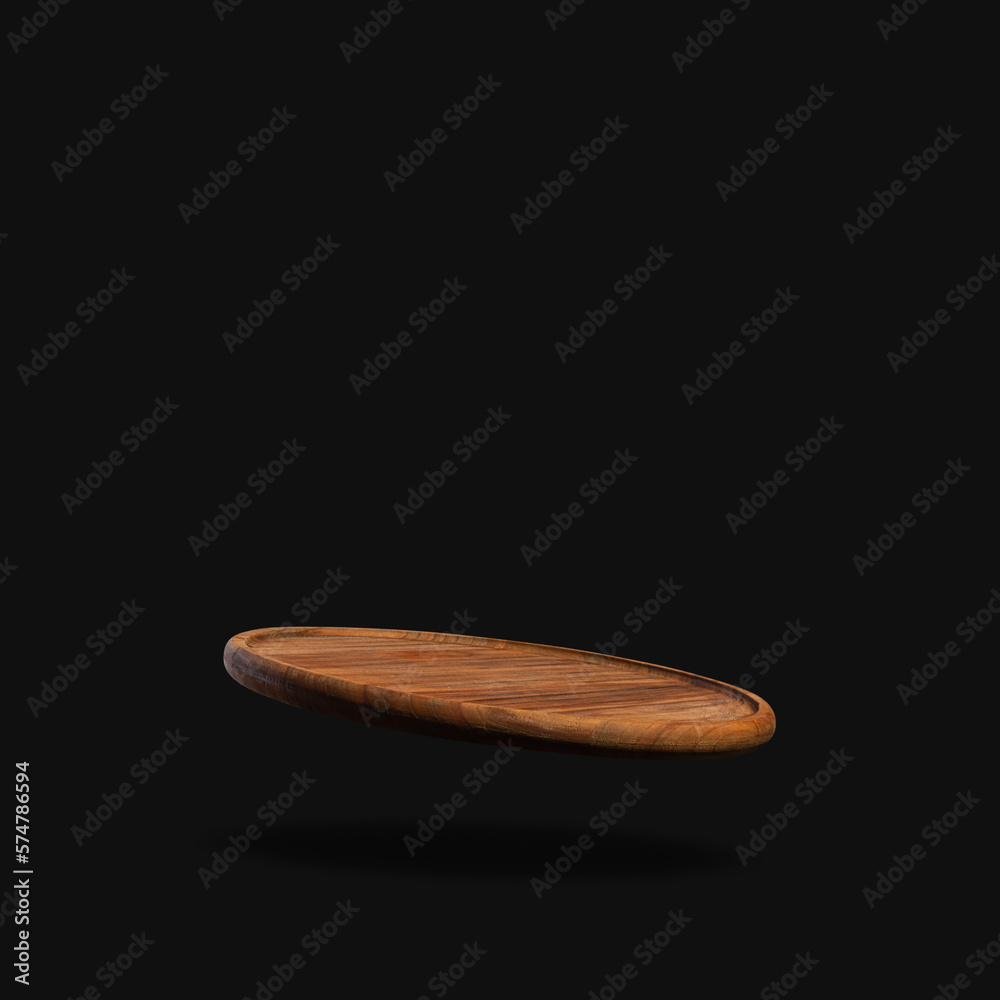 Wooden board for pizza levitating on a black background Wooden board for pizza levitating on a black background