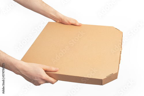 male hands with pizza box isolated on white background © Berzyk