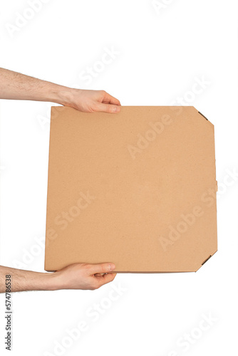 male hands with a cardboard box of pizza, delivery © Berzyk