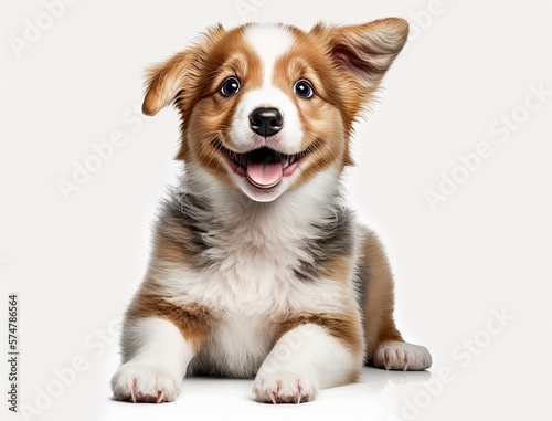 Portrait of happy and smiling cute puppy dog isolated on white background. Generative AI.