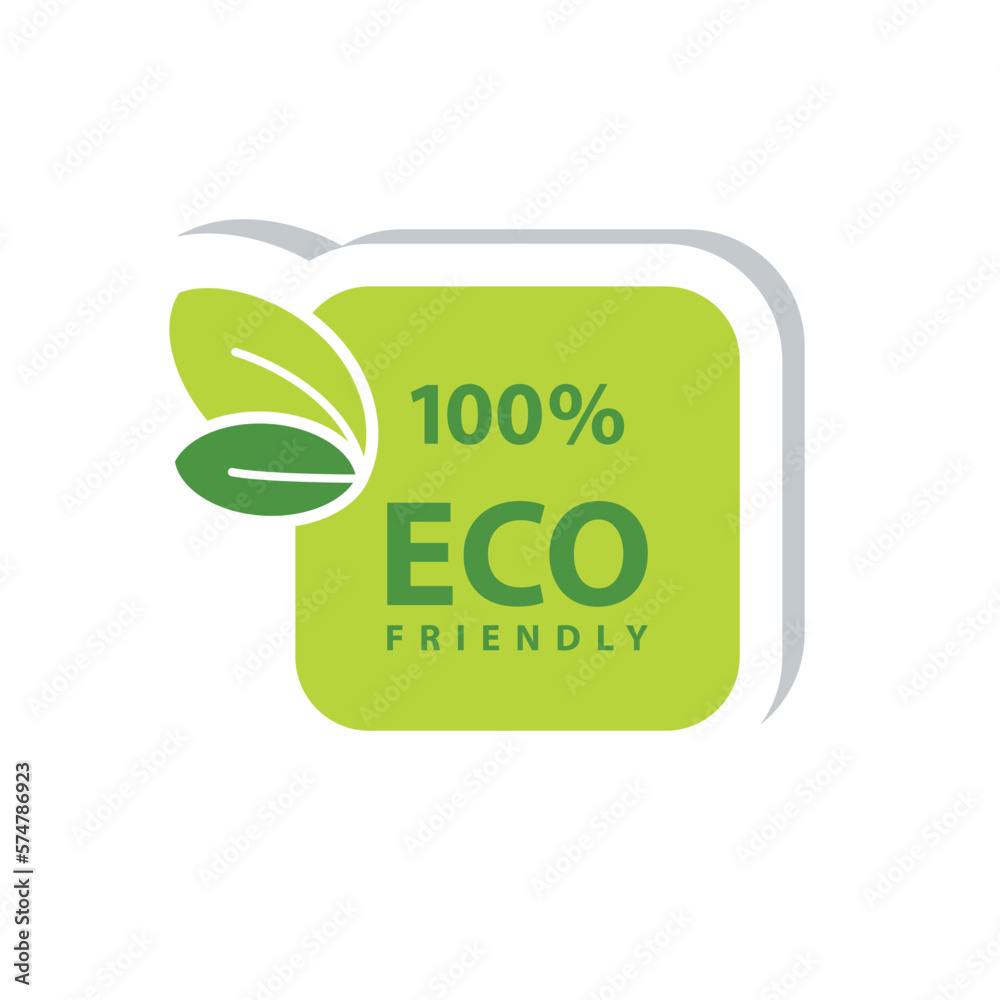 Eco friendly sign icon sticker with green leaf. Eco friendly stamp label 100 % Eco friendly sign icon sticker with green leaf. Eco friendly stamp label 100 %