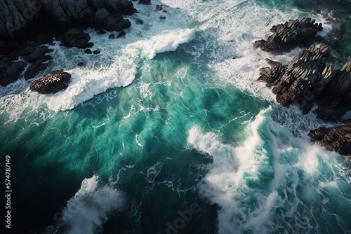 Drone Shot of Ocean Waves clashing at the coast, generative AI