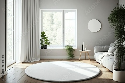 Mockup of a white oval interior carpet in a room  from the side. Blank mat with rounded corners for a mock-up floor surface. Template for clear cloth footcloth in house design. Generative AI