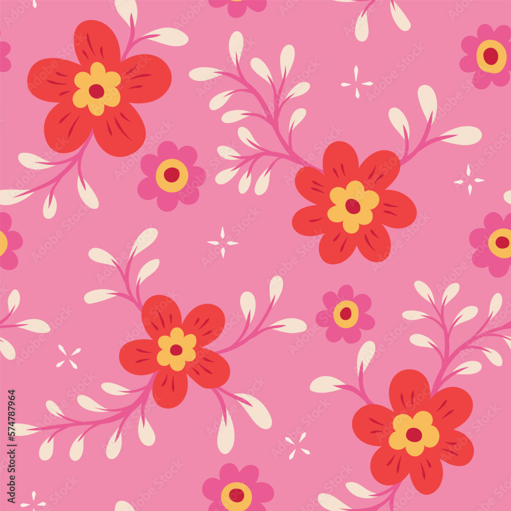 Cute vector floral seamless pattern. Colorful flowers background. Trendy repeat texture for fashion print, wallpaper or fabric.
