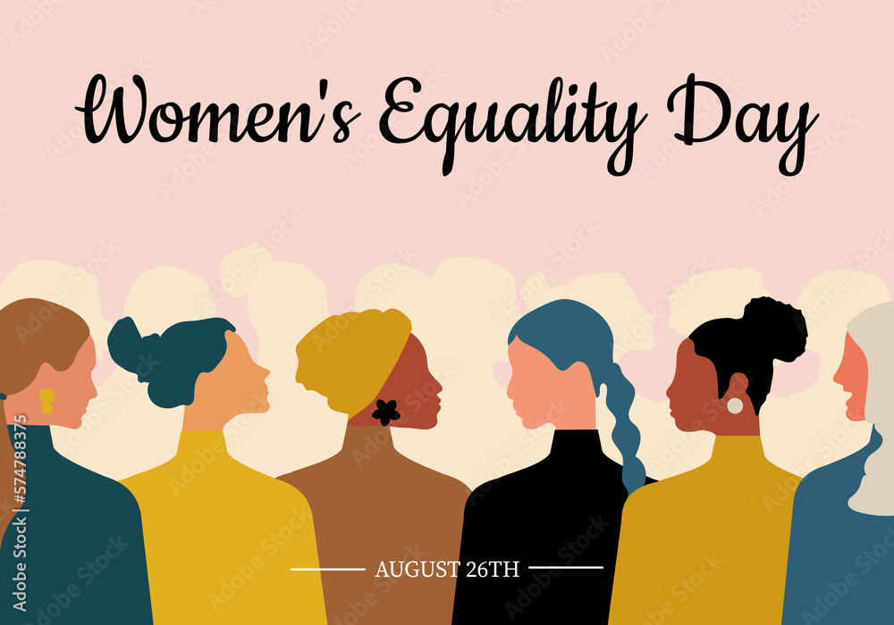 Women's Equality Day. Women of different ages, nationalities and religions come together. Horizontal pink poster. Women's Equality Day. Women of different ages, nationalities and religions come together. Horizontal pink poster.
