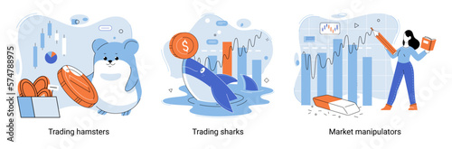 Shark emerges from water and holds gold coins on its nose. Trading hamsters and whale metaphor set. Fake data for business valuation. Inexperienced investor, bad investment, experienced traders