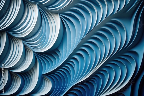 Abstract geometric texture of extruded curved waves. Blue background with smooth blue and white curved waves with shadow and soft focus. 3D rendering, futuristic abstract background.