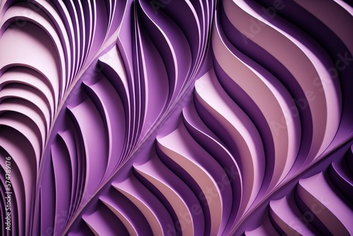 Abstract geometric texture of extruded curved waves. Purple/violet background with smooth purple and white curved waves with shadow and soft focus. 3D rendering, futuristic abstract background.