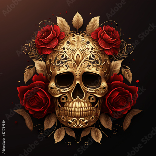 Mexican style sugar skull and red roses.Generative AI