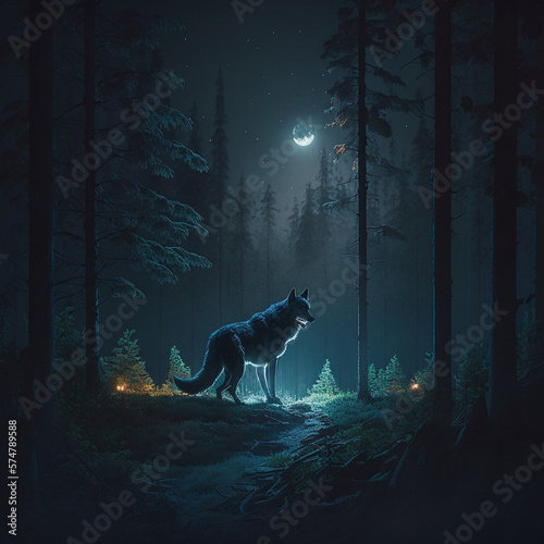 The Wolf in the night forest. High quality illustration © NeuroSky