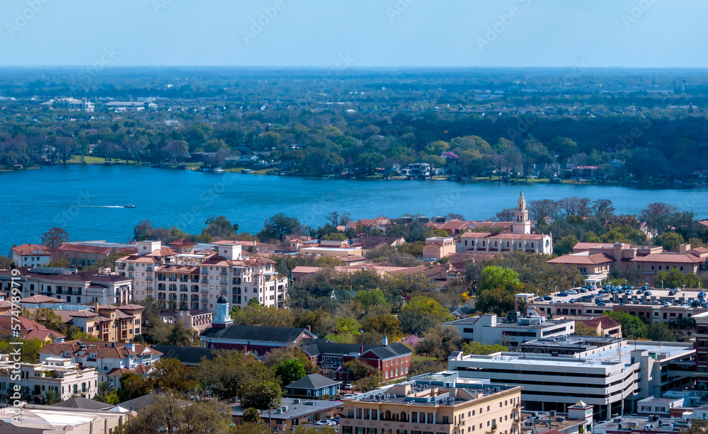 Aerial view of Winter Park, Florida, USA. February 22, 2023.  Lake Virginia and Rollins College
