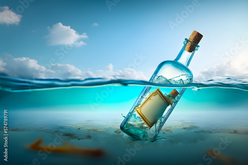 Bottle with a letter from the wreck. A bottle with a note floating in the ocean. Generative AI
