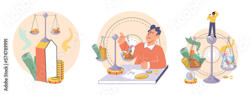 Time and money, deferred payment, financial system of global economy, capital investment, business timer countdown. Hourglass with coins and money turn into planet. World stock exchange vector set