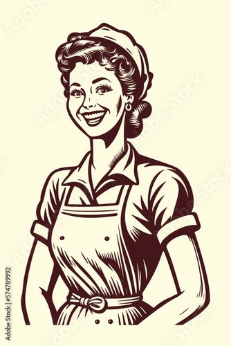 Hand drawn woman waiter chef with hat. Vintage engraving style woodcut vector illustration. Eps 10