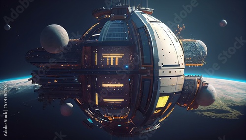 A futuristic space station with a sleek and minimalistic design, surrounded by stars and planets, photorealistic, insanely detailed, hyper realistic, super detailed, photography generative AI