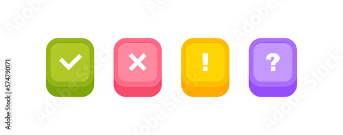 Check mark, cross mark, exclamation mark and question mark icons isolated on colorful buttons. Design concept for web and mobile applications. Vector illustration