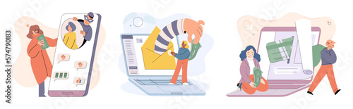 Hacker activity. Hacking computer. Phishing account, steal data, cyber attack. Stealing password. Cyber crime, theft personal information, cyber security spy access. Internet fraud scenes set metaphor