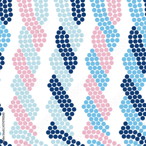 Braid seamless pattern with small dots. Knots. Repeat. Mosaic. Abstract art. Wrapping paper, print, textile, fabric. Pink and blue colors. 