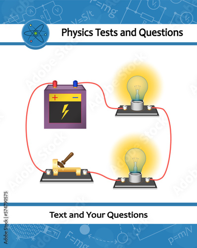 Physical experiment of studying electric current in an electrical circuit. Series circuit consisting of connected lightbulbs, battery and switch. Practical laboratory work at physics lesson school.