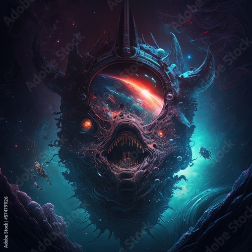 Nightmare in deep space. A science fiction horror concept, with astronaut and stars. Generative AI