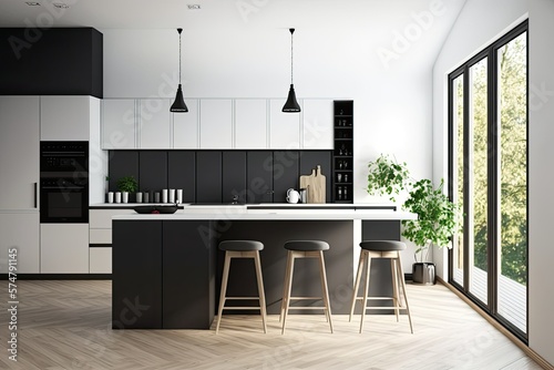 Functional white and black kitchen with wooden floor and white worktops. Barstools. mockup. Generative AI