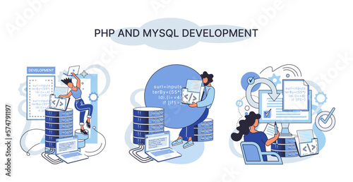 PHP and MySql development metaphor. Software website developer with computer, programmer service, open source general purpose programming language. Scripting web applications allows to create programs