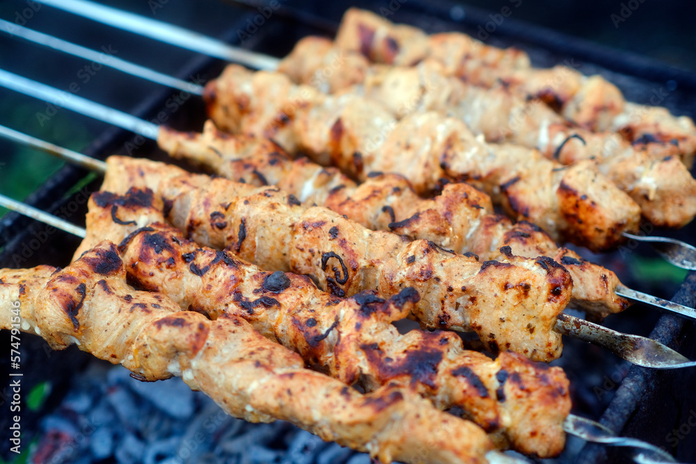 Delicious meat skewers on brazier during picnic