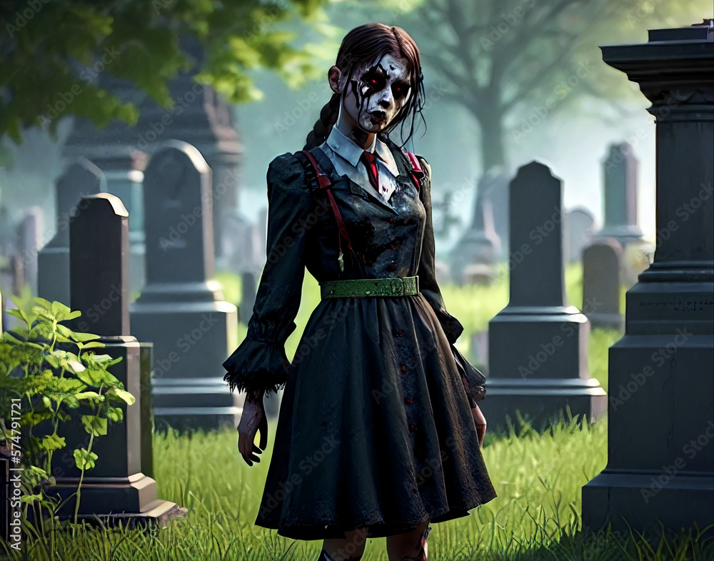 Portrait of a zombie woman on the background of cemeteries. Zombie Apocalypse concept. Generative AI.	