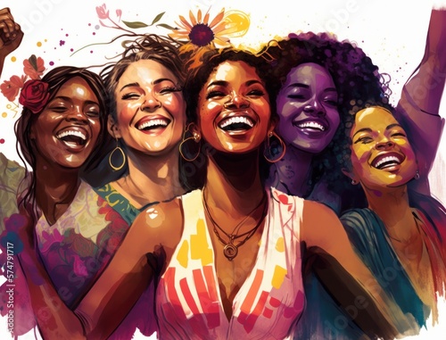 Group of young women of different races smiling. Concept of happiness and celebration. Generative AI.
