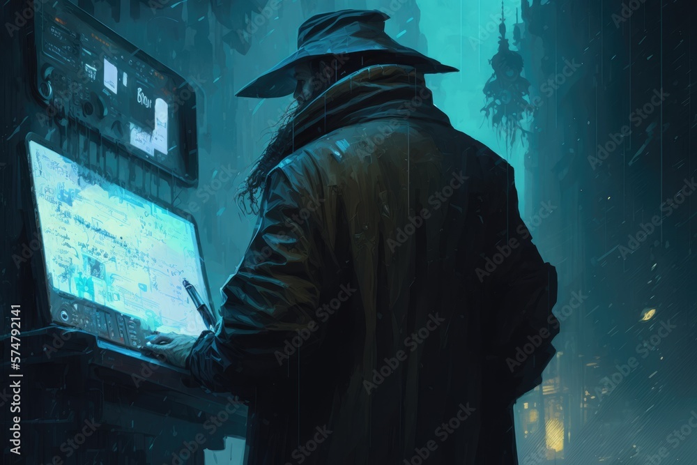 futuristic detective, investigating a complex conspiracy that reaches to the highest levels of society and technology digital art poster AI generation. futuristic detective, investigating a complex conspiracy that reaches to the highest levels of society and technology digital art poster AI generation.