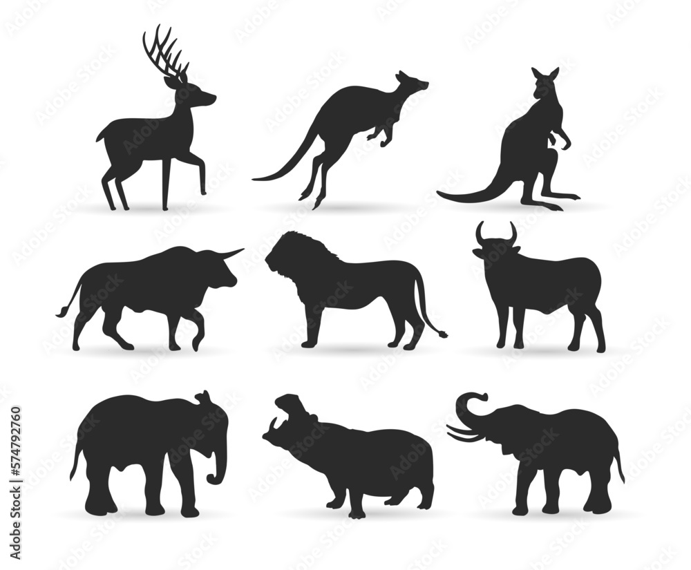 set of silhouette designs of wild animals, deer, kangaroo, bison, lion, elephant and hippopotamus, vector illustration