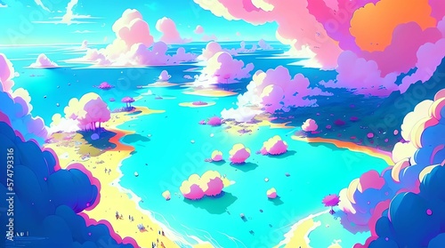Sumptuous Beach Anime Wallpaper 4K  Vibrant colors  Water  clouds  Generative AI  Digital Art