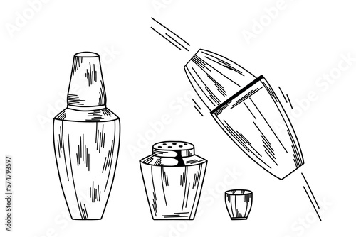 An illustration of a three-piece cocktail shaker and a boston shaker. Dry shaking