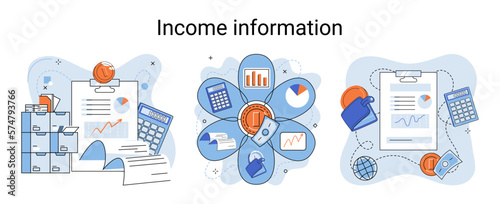 Income information vector set, business profitability indicator, entrepreneurial activity and accounting. Registration of claim form document, providing personal information, financial report for tax