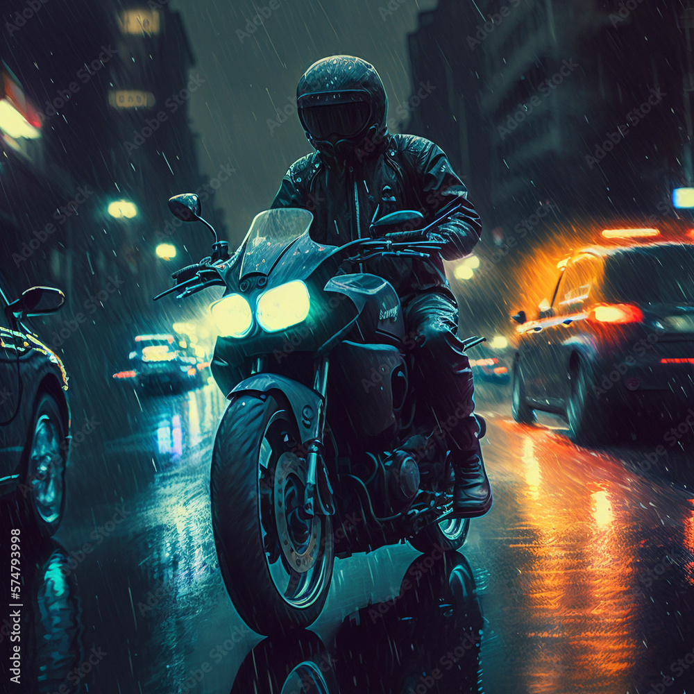 A motorcyclist rushes along the night street of the city in the pouring rain