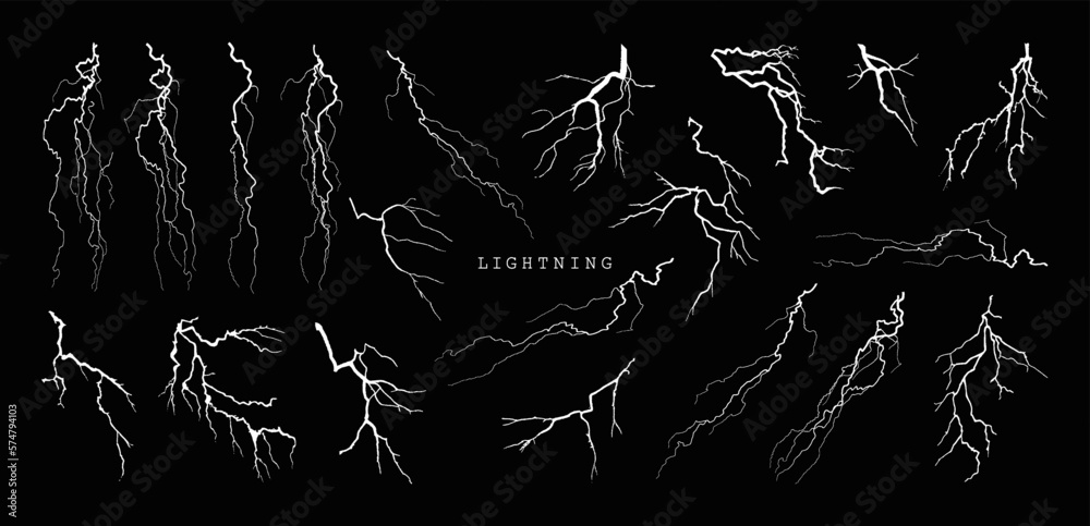 Lightning outline graphic box. Different electric bolts isoleted on black background. Lightning set, effect thunderstorm, black and white set. Vector collection, electrical discharges.