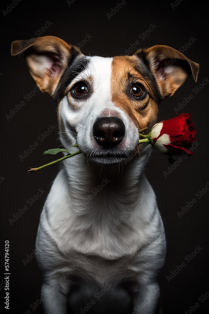 Portrait of cute jack Russell terier dog holding a red rose in its teeth