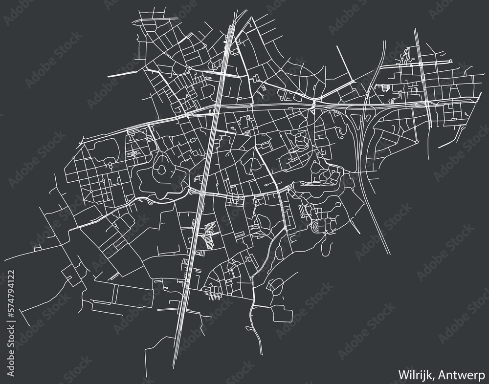 Detailed hand-drawn navigational urban street roads map of the WILRIJK DISTRICT, ANTWERP Belgium with vivid road lines and name tag on solid background