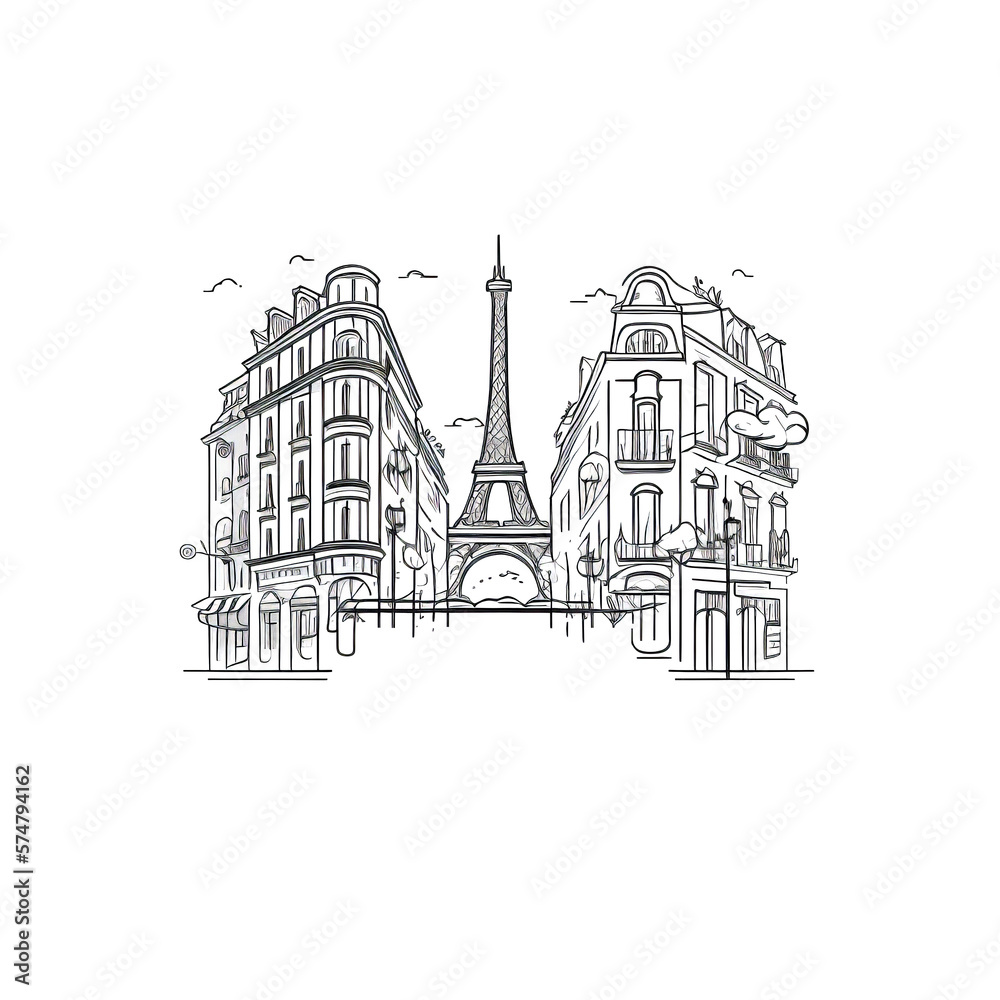 View of Paris, france city in a hand drawn sketch style. Generative ai