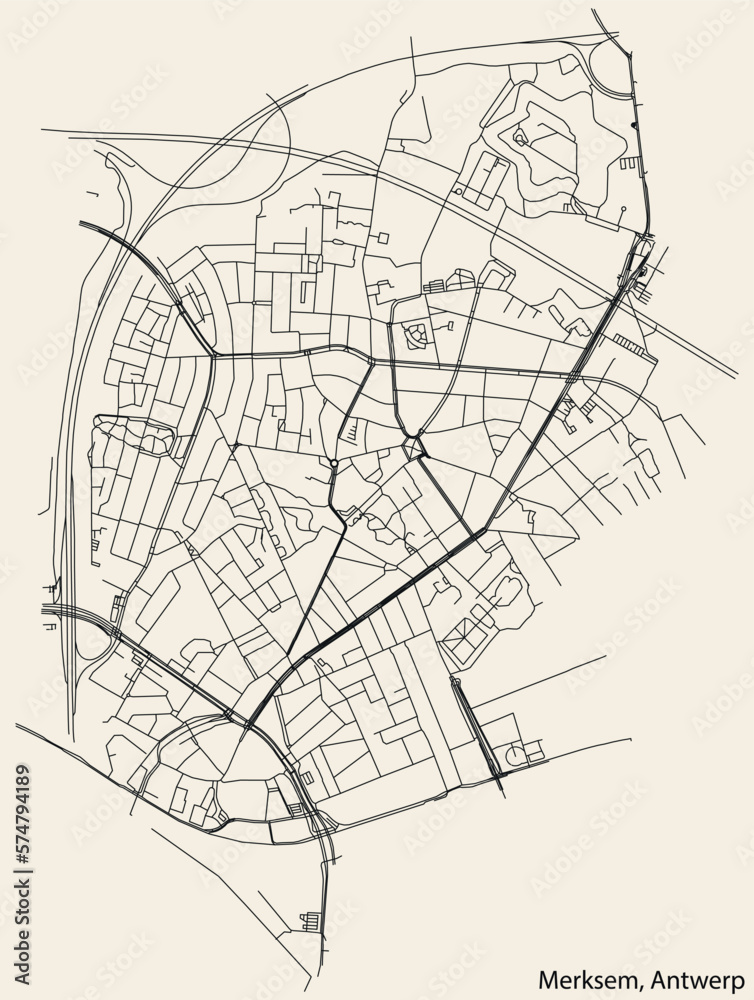 Detailed hand-drawn navigational urban street roads map of the MERKSEM DISTRICT, ANTWERP Belgium with vivid road lines and name tag on solid background