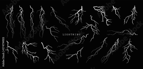 Lightning outline graphic box. Different electric bolts isoleted on black background. Lightning set, effect thunderstorm, black and white set. Vector collection, electrical discharges.