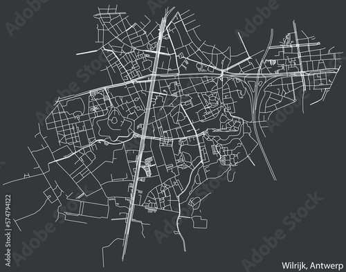 Detailed hand-drawn navigational urban street roads map of the WILRIJK DISTRICT, ANTWERP Belgium with vivid road lines and name tag on solid background
