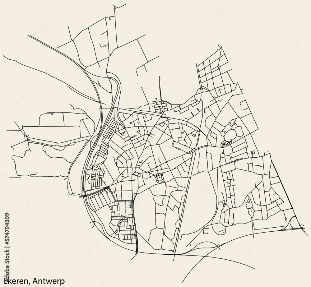 Detailed hand-drawn navigational urban street roads map of the EKEREN DISTRICT, ANTWERP Belgium with vivid road lines and name tag on solid background