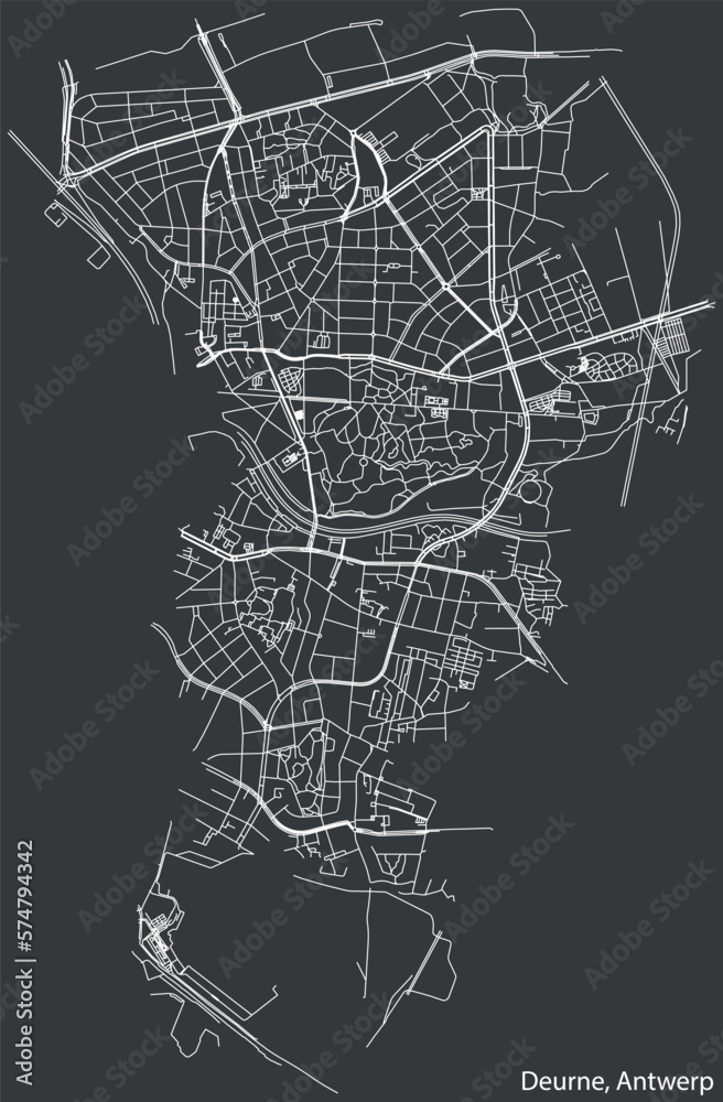 Detailed hand-drawn navigational urban street roads map of the DEURNE DISTRICT, ANTWERP Belgium with vivid road lines and name tag on solid background